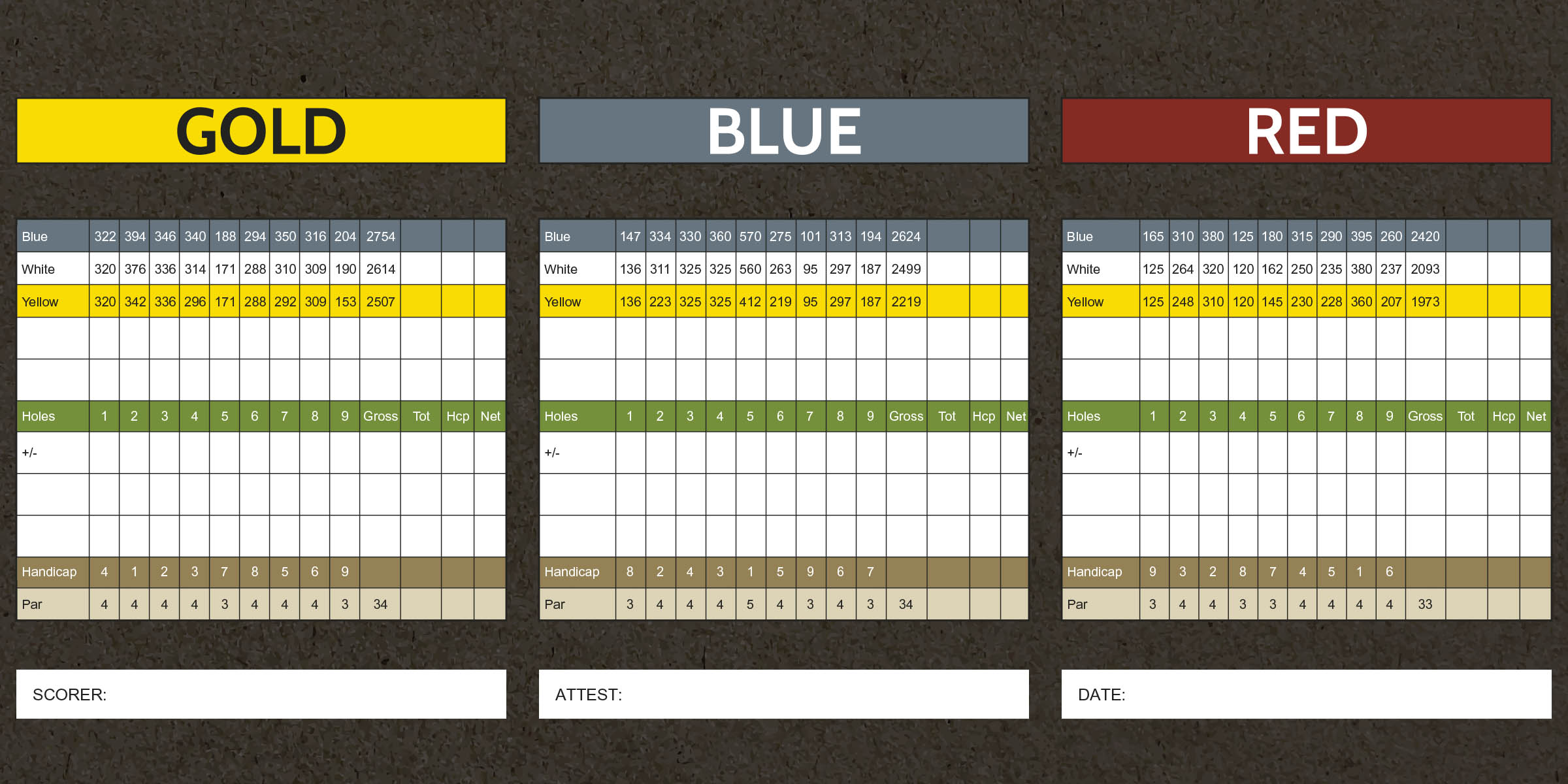 This is an image of Brookfield Golf Club's scorecard. For those who are visually impaired, please call 1-888-833-8787 for a representative to verbally guide you through the scorecard details.