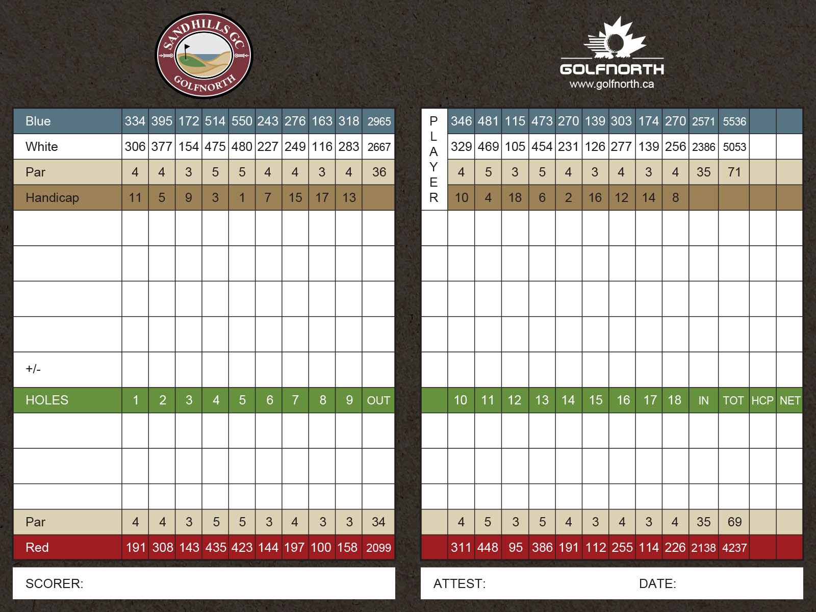 This is an image of Sand Hills Golf Club's scorecard. For those who are visually impaired, please call 1-888-833-8787 for a representative to verbally guide you through the scorecard details.