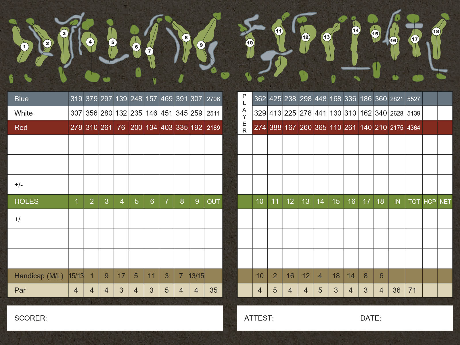 This is an image of Brant Valley Golf Club's scorecard. For those who are visually impaired, please call 1-888-833-8787 for a representative to verbally guide you through the scorecard details.