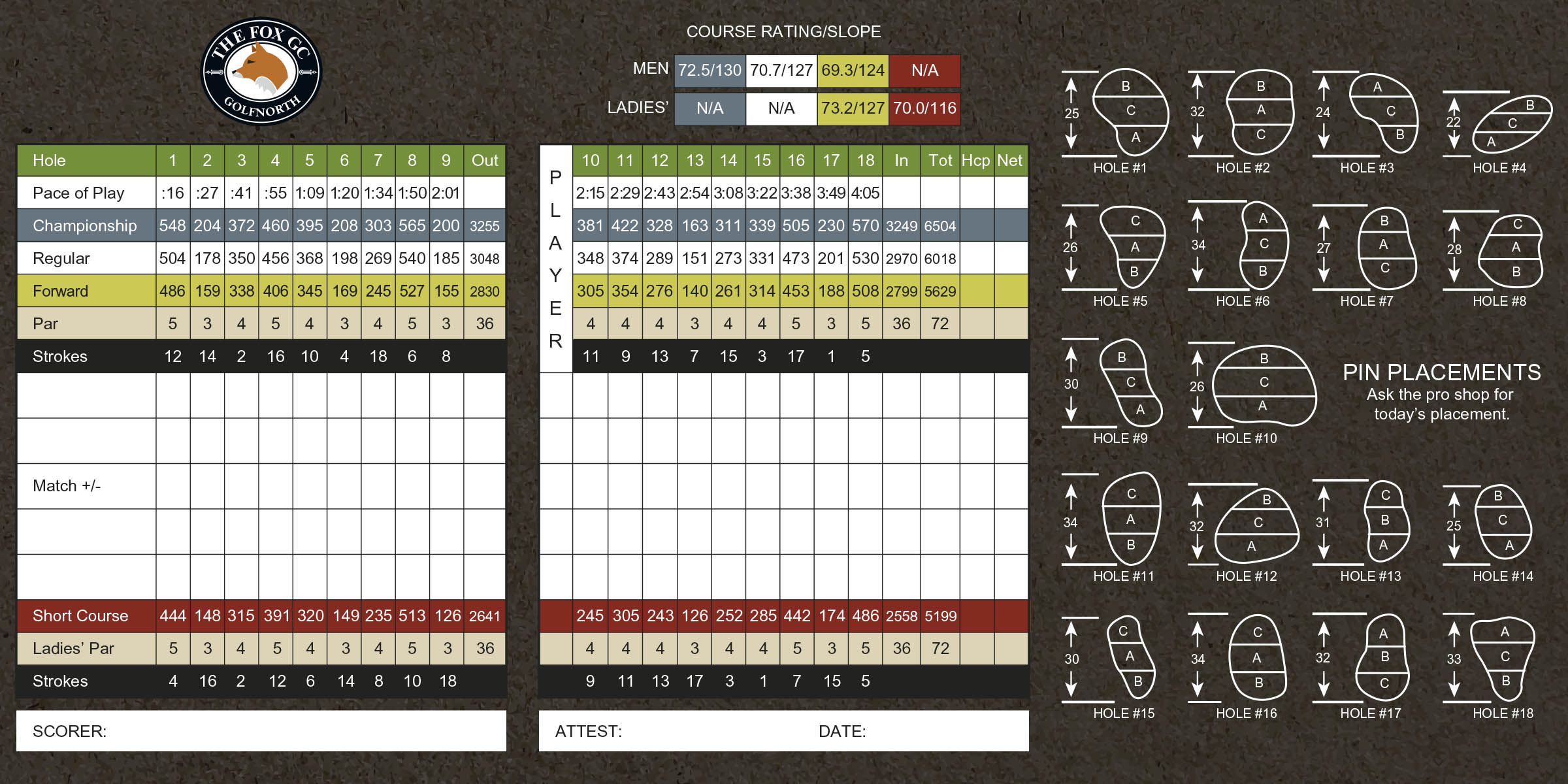 This is an image of The Fox Golf Club's scorecard. For those who are visually impaired, please call 1-888-833-8787 for a representative to verbally guide you through the scorecard details.