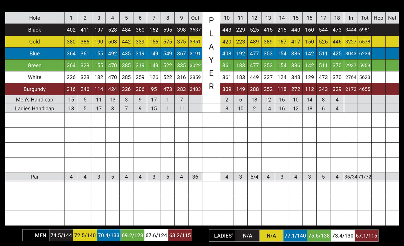This is an image of The Club at Bond Head's (North Course) scorecard. For those who are visually impaired, please call 1-888-833-8787 for a representative to verbally guide you through the scorecard details.