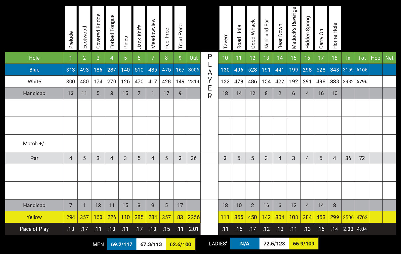 This is an image of Dundee Country Club's scorecard. For those who are visually impaired, please call 1-888-833-8787 for a representative to verbally guide you through the scorecard details.